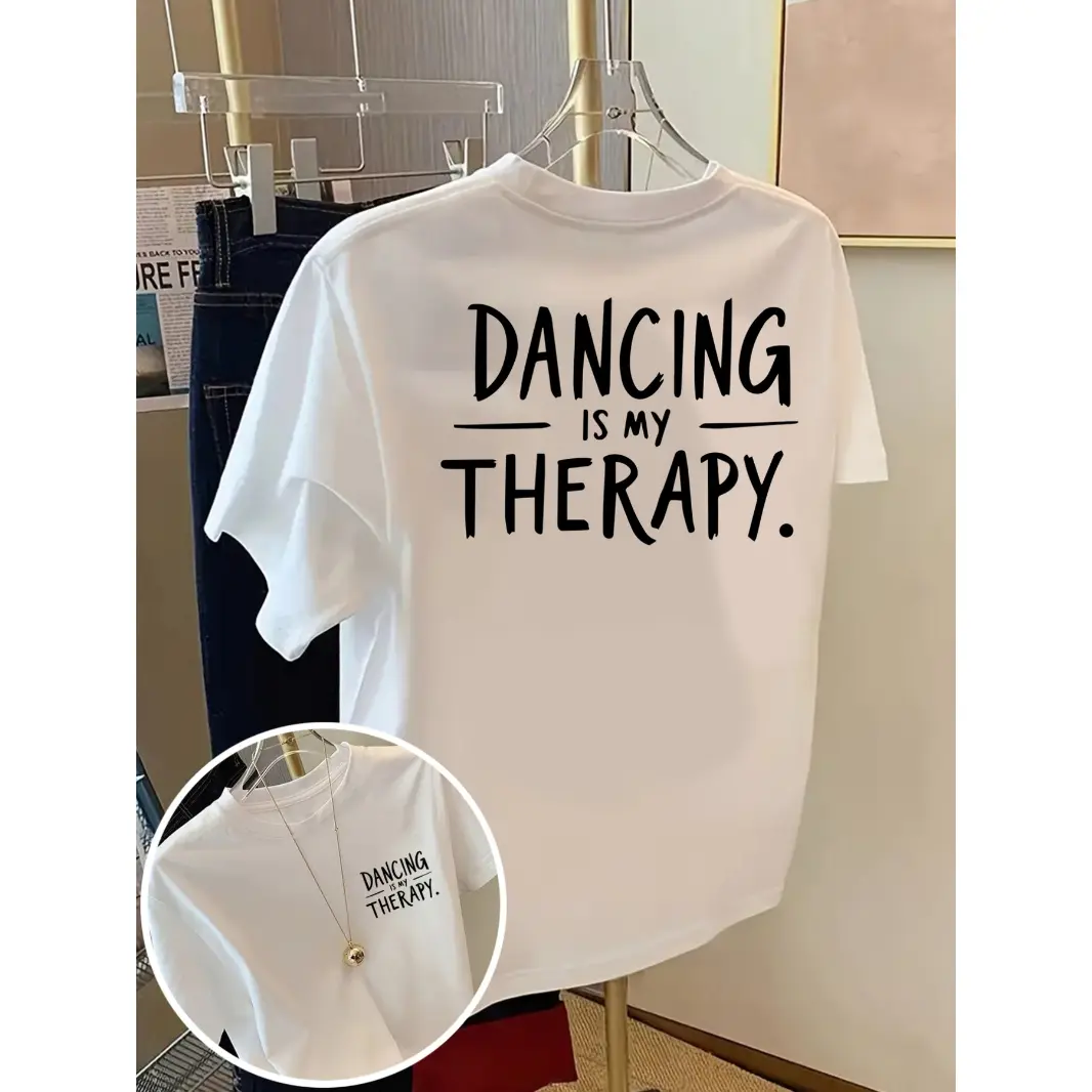 Womens Cotton Graphic Tee Dancing Is My Therapy Cute Letter Print Short Sleeve Crewneck Casual Summer Top For Dance Lovers Workout Streetwear