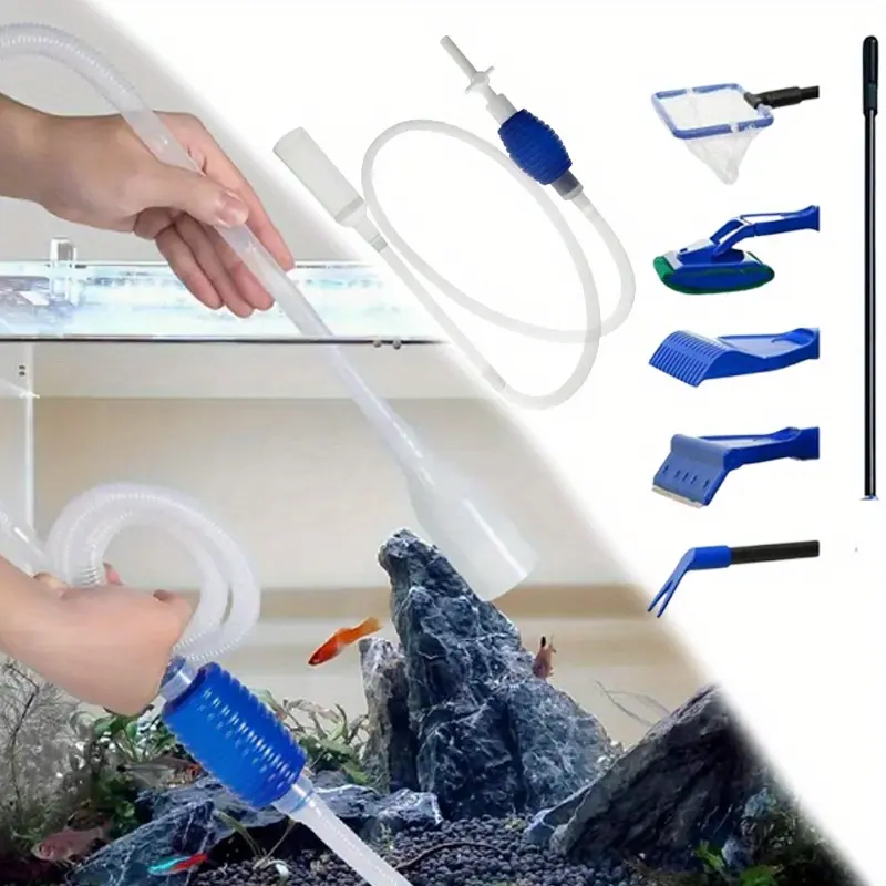 5-in-1 Aquarium Maintenance Tool Set - 21.6 in Algae Scraper, 78.7 in Siphon Vacuum Cleaner, Gravel Rake, Fish Net for Water Changing, Aquarium Gravel Cleaner