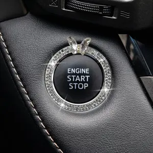 2 count Bling Butterfly  Engine Start Stop Button Decoration Ring, Sparkly Rhinestone Automotive Key  Ring Sticker, Universal  Push Start Button Cover for Women (White)