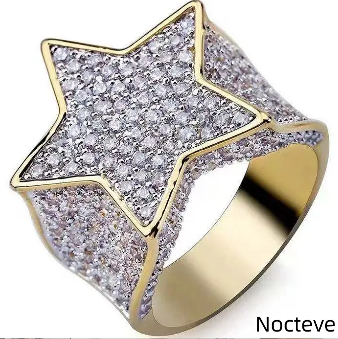 Men’s Hip Hop Five-Pointed Star Micro Paved Simulated CZ Gold-Tone Base Alloy Ring, Trendy Street Nightclub Jewelry Party & Cool Unique Masculine Holiday Gift Wear