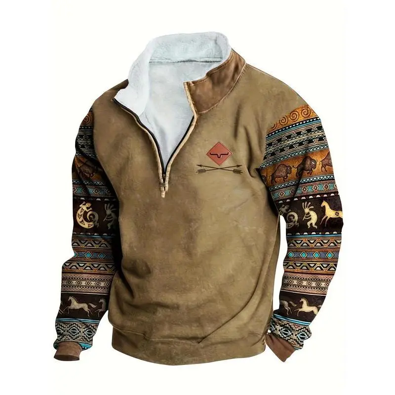 Men's Fall Winter Fitted Long Sleeve Hoodie, Colorblock Ethnic Print Design, Zipper Pockets, Casual Warm Retro Pullover JacketGift Men's Fall Winter Fitted Long Sleeve Hoodie, Colorblock Ethnic Print Design, Zipper Pockets, Casual Warm Retro Pullover JacketGift