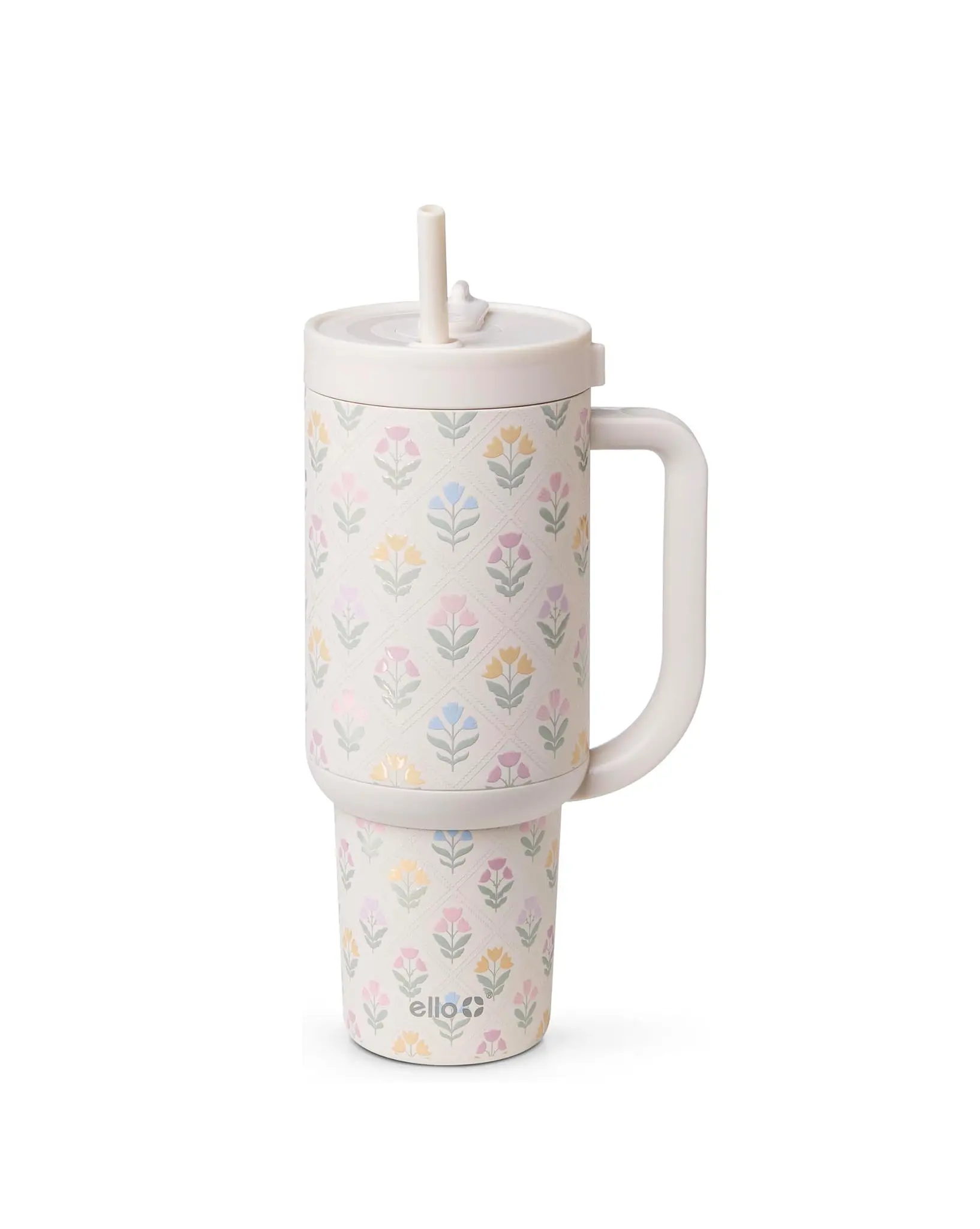 Ello Oasis 40oz Tumbler with Handle & Retracting Straw | Reusable Insulated Stainless Steel Cup 100% Leakproof | Gifts for Teens Women | Keeps Cold for 24 Hours | Cup Holder Friendly | Flower Quilt