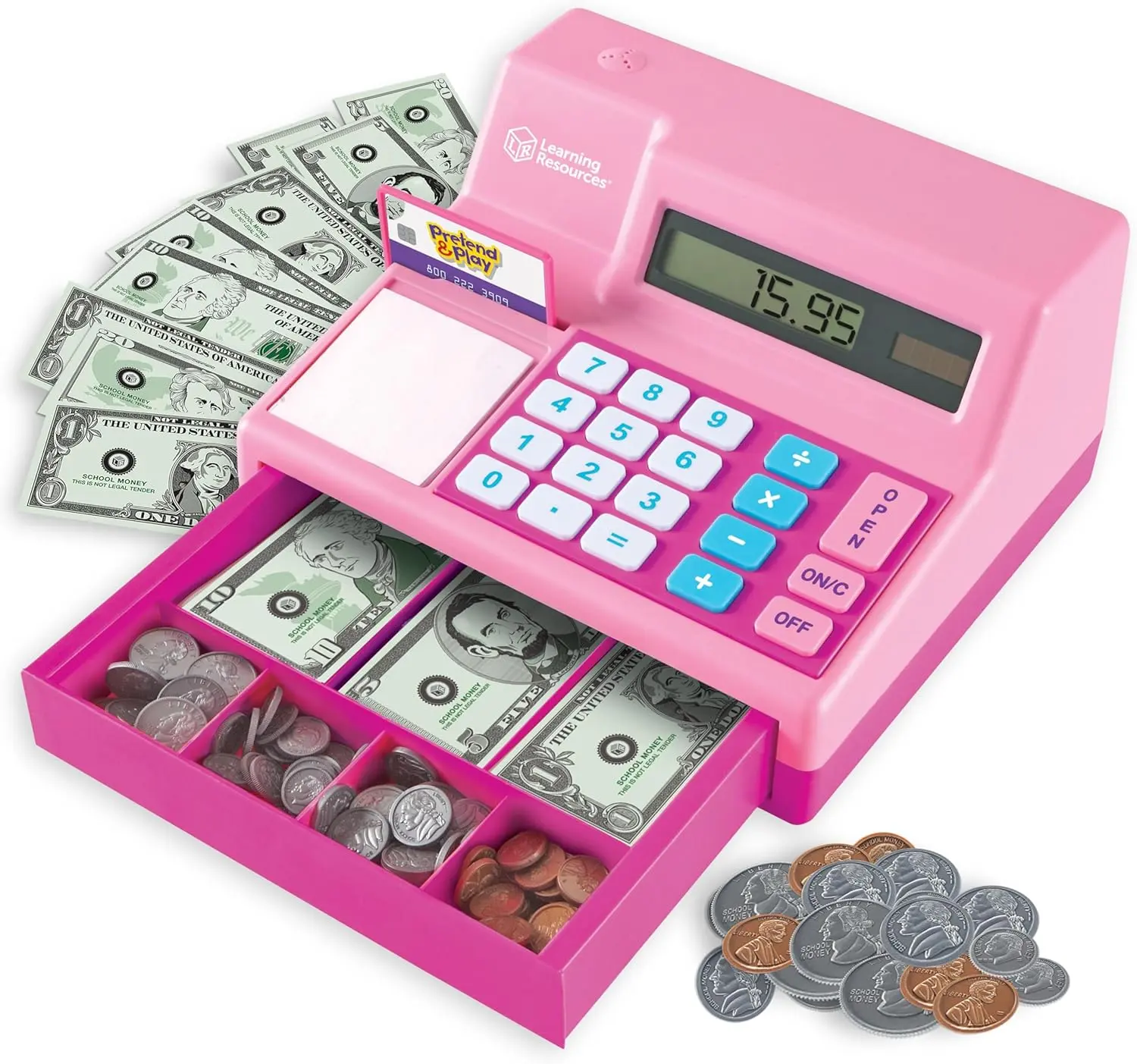 Learning Resources Pretend and Play Calculator Cash Register Pink Solar-Powered 73-Piece Set for Kids Math Skills Development