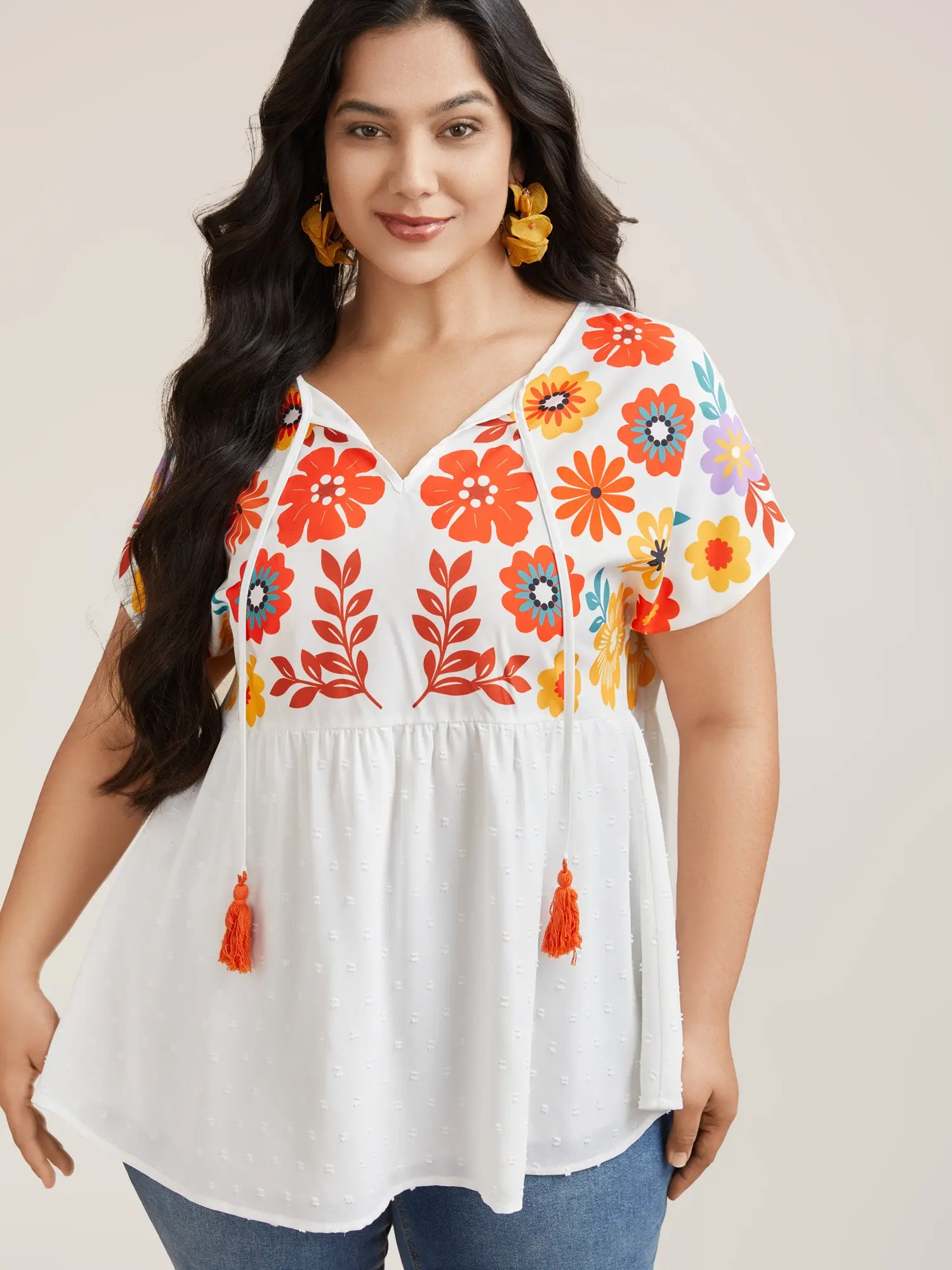 BloomChic Women's Plus Size Floral Print Lightweight Polyester Babydoll Tunic Blouse - Short Raglan Sleeves, Tie-Neck Tassels, Bodycon, Waist Support, Fabric, Baby Doll Shirt, Garment Top, Curvy Outdoors Wear,[M-6X] Back To School,Spotlight Day