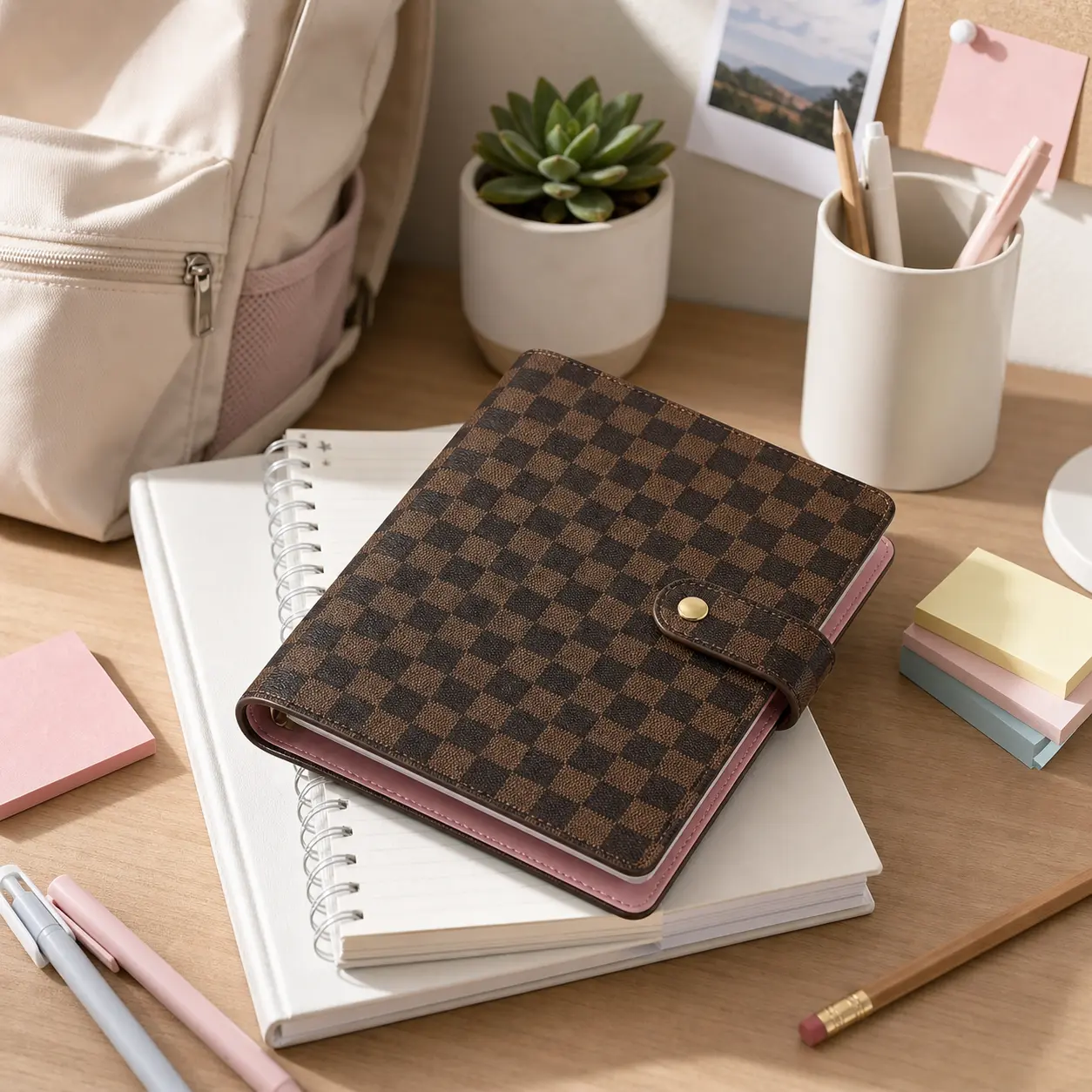 Women's Vintage A5 Faux Leather Checkered Binder Notebook Cover - 6x1-Inch Rings, Refillable Loose Leaf Planner, Retro Brown Black Plaid, Card Slots, Pen Holder, Snap Closure, Fits School, Office