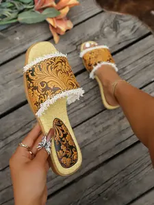 New Western Cow Print Women's Sandals, Vintage Floral Embossed Flat Slippers, Summer Casual Beach Shoes, Gift for Friends and Family