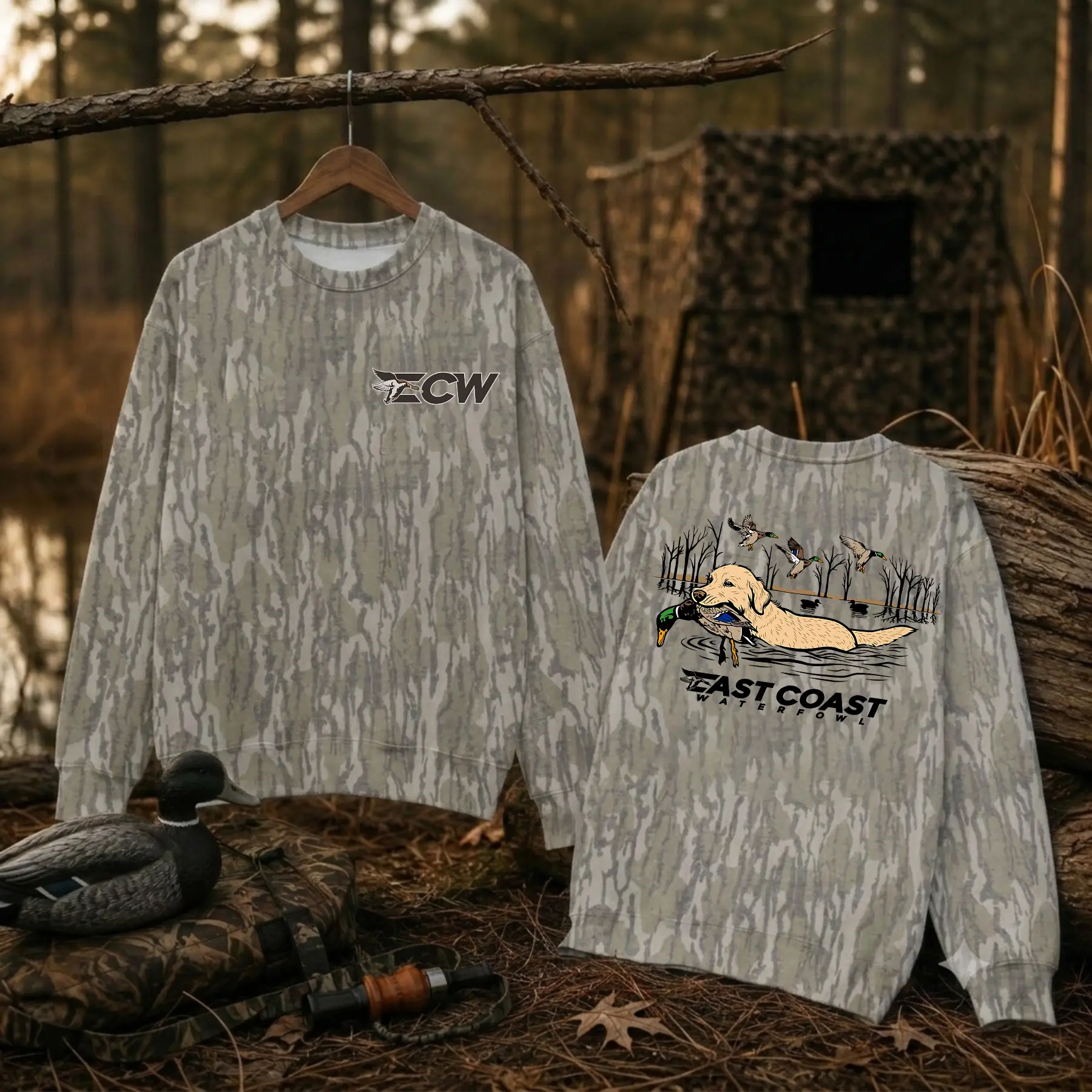 Men's Camo Waterfowl Hunting Bottomland Sweatshirt, Retriever Dog & Duck Graphic Outdoor Hunting Tee