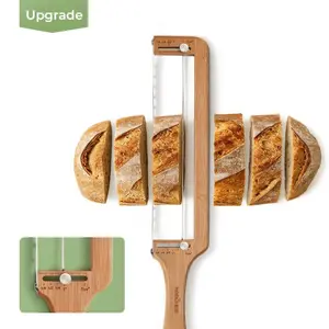 KC Adjustable Bread Cutter with Scale，Smooth Serrated Steel Blade, Bamboo Handle, Standard Kitchen Cutting Utensils & Multi-Functional Gadgets