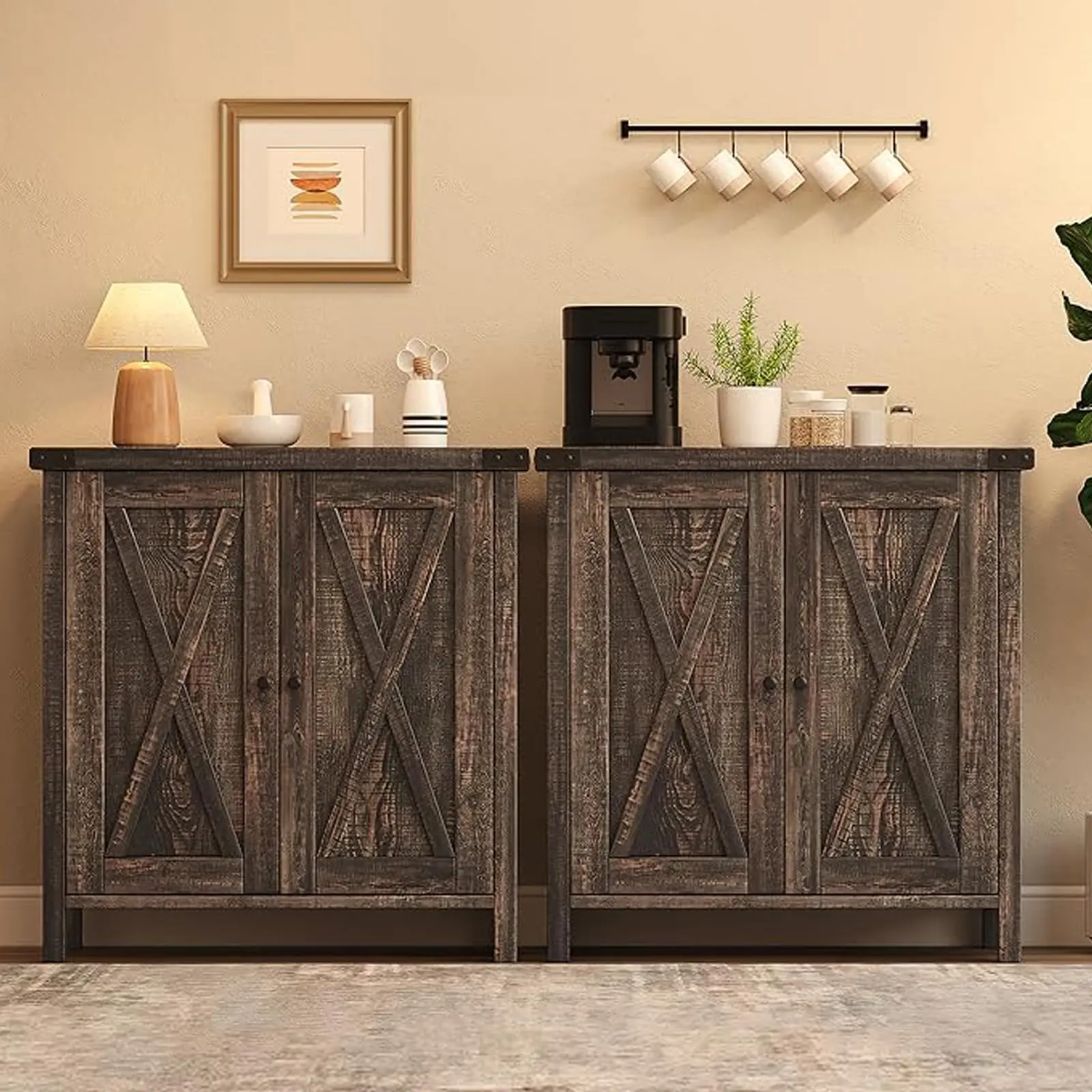 Small Storage Cabinet, Farmhouse Sideboard Buffet Cabinet with 2 Doors and Adjustable Shelves, Accent Entryway Console Cabinets for Living Room, Dining Room (Dark Oak, 2 Pieces)