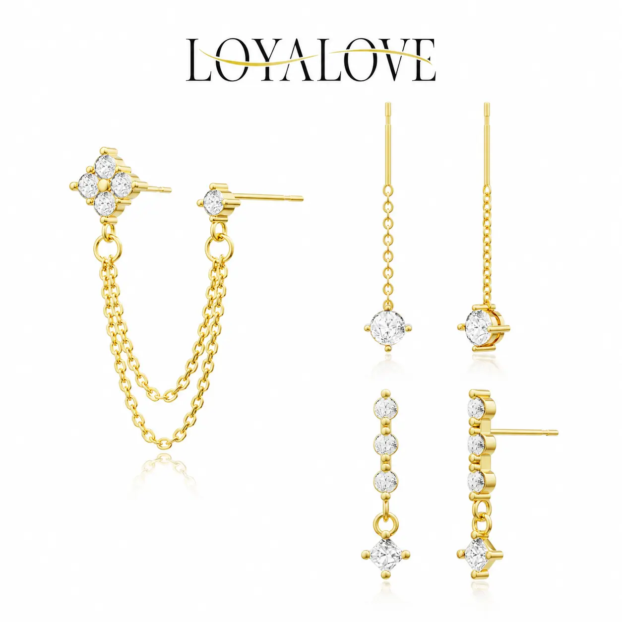 LOYALOVE 14K Gold Plated Dainty Earring Set for Women, CZ Stud Chain Drop Earrings, Cartilage Helix Earrings for Multiple Piercing, Trendy Stack Earrings Jewelry Gift