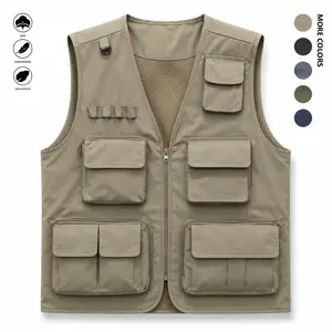 Men's Plain Sleeveless All-Season Lightweight Deep Cargo Gilet - Multi-Pocket Menswear Tops, Outdoor Workwear for Fishing & Travel, Zippered Panels, Machine Washable (Vest & Jacket Worn Separately or Together)