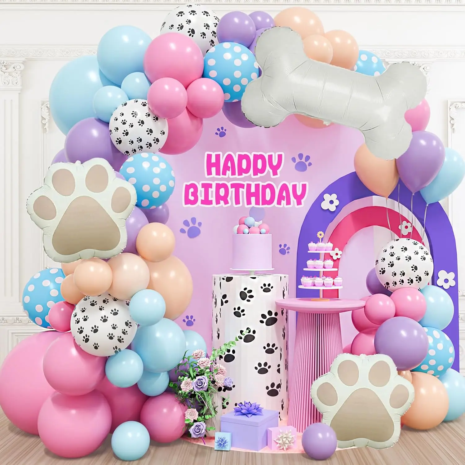 Puppy Paw Balloon Arch Kit with Pastel Macaron Balloons and Dog Bone Foils Party Decor Set