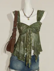 Vintage Print Asymmetrical Hem Mesh Trim Women Tank Top