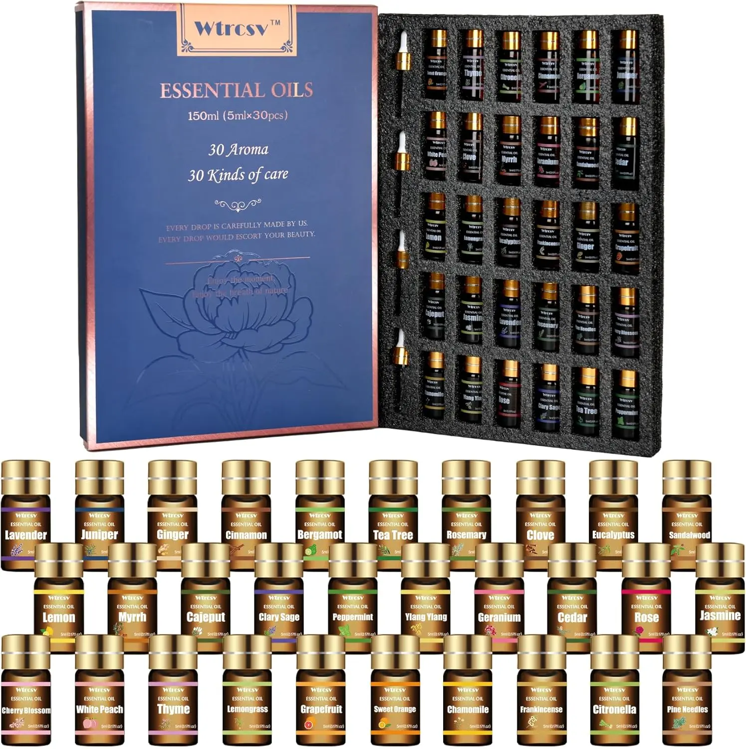 Wtrcsv Therapeutic Essential Oils Set - 30x5 ml Aromatherapy Oils for Diffuser, Massage, Body Care, Myrrh-Infused Wellness Solution, Ideal for Birthday, Wedding, Mother’s Day Gifting, Healthcare