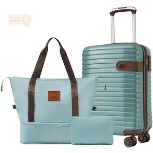 Lightweight 3-Piece Hard Shell ABS Luggage Set 20 Inch Carry-On Travel Suitcase with Toiletry Bag and Handbag Blue