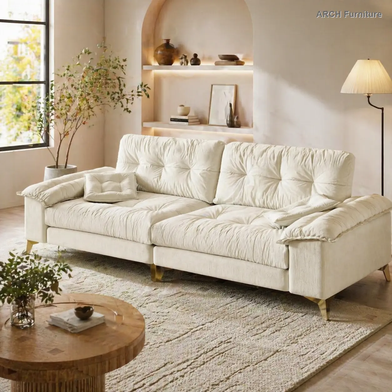Chenille Fluffy Modern 4-Seat Upholstered Sofa Couch, Tufted Chenille Upholstery with Removable Armrests, Metal Legs, Included Pillows, Beige/White Options for Living Room, Bedroom, Chenille Fluffy Sofa
