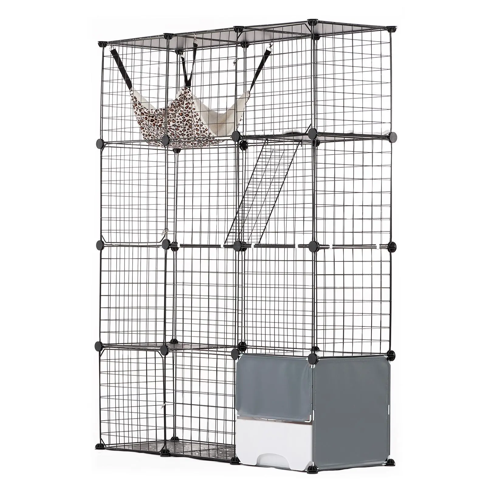 【SummerFinds】VEVOR Large Collapsible 4-Tier Metal Wire Cat Cage, 41x14x55in Detachable Patio Enclosure with Mesh, Litter Box, Hammock, Ramp, Ladders, 150x Zip Ties, 16x Door Latch Buckles, Indoor Crate for Kitties, Outside, Crate Kennel