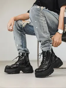 Men's Fashion Boots Autumn Winter New Style PU Leather Rubber Mid-Calf Punk Baroque Pattern Waterproof Anti-Slip Durable Casual Shoes Footwear