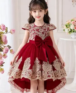 Embroidered Maroon Kids Clothes Bow 6068 Flower Girls Frock Ball Gown Pageant Children Princess Prom Formal Party Cocktail Dress 3-8Y