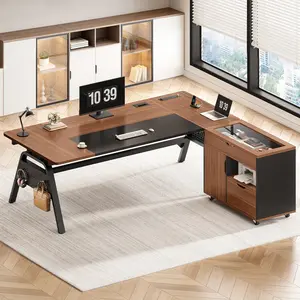 Sedeta 63x27.6" Modern Solid Wood Executive Office Desk - Movable Wheeled Base File Cabinet, 4 Hooks, Power Outlet Station, Privacy Baffle for Home Office