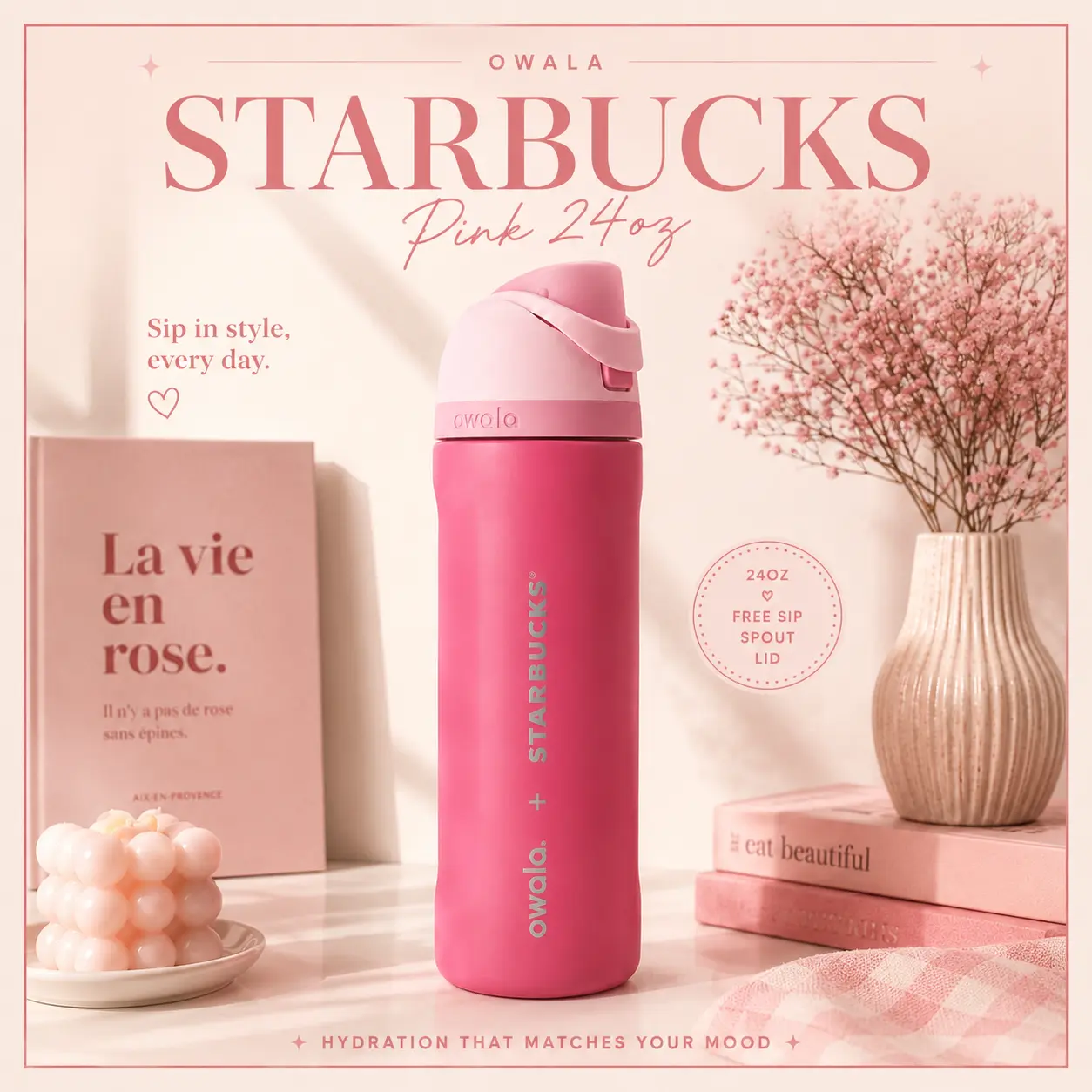 Pink Perfection by Owala | Owala Starbucks Pink 24oz FreeSip Insulated Stainless Steel Water Bottle for Everyday Hydration