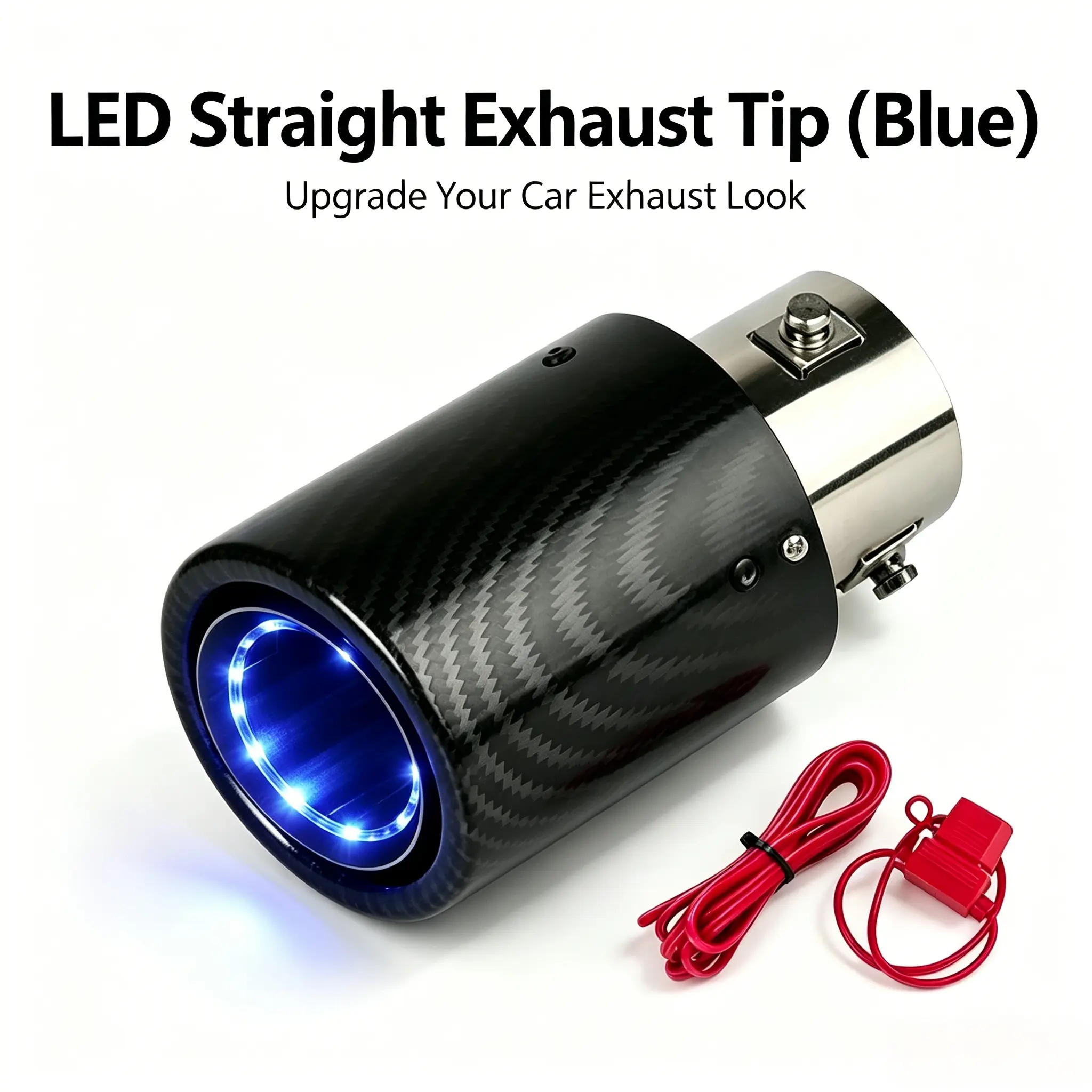 Universal LED Carbon Fiber Style Car Exhaust Tip - Straight Clamp-On Tailpipe Cover with 1 Red or Blue LED, Car Accessories for SUVs, Rear Bumper Vehicle Accessory, Accessories For Car