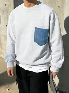 Men's Spring & Fall Denim Pocket Patchwork Pullover, Loose Fit Casual Round Neck Sweatshirt, Comfortable Daily Wear Top