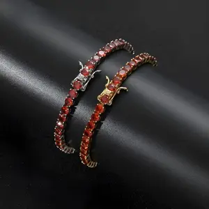 Unisex 4mm Ruby Red Tennis Bracelet, Hip Hop Single Row Copper Chain with AAA Grade Cubic Zirconia, 7-inch & 8-inch Sizes