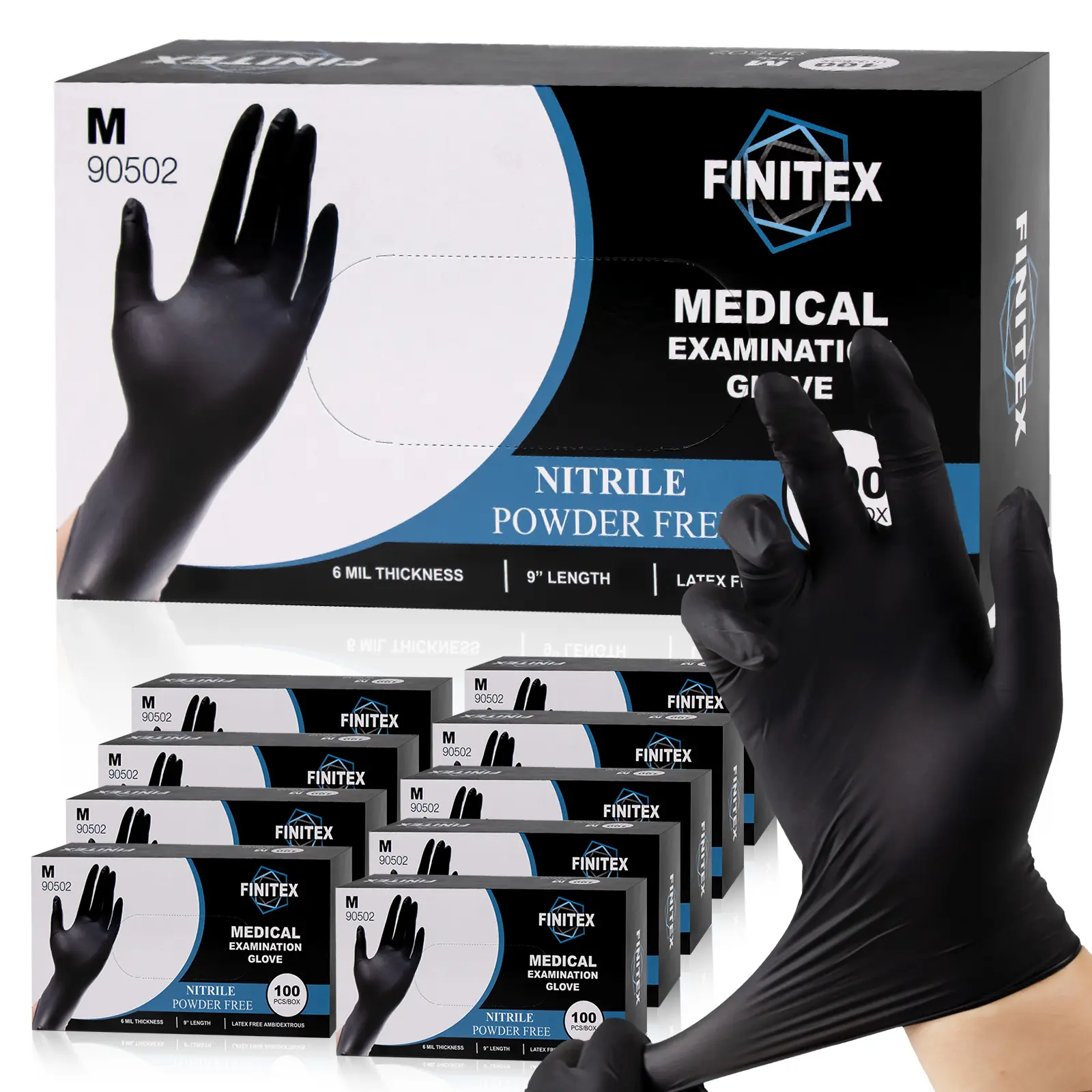 FINITEX 6Mil Heavy-Duty black Nitrile  Glovesn pack, 100-Count Disposable Waterproof Gloves, Food-safe, Latex-Free,Powder-Free,Chemical-Resistant Industrial Grade for cleaning.Suitable for Kitchen,mechanical work,gardening,Halloween, moving essentials.