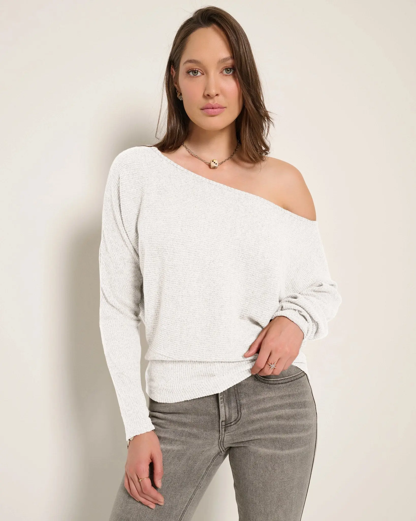 Women's Mackenzie Ribbed Off-Shoulder Sleeve Basic Top, Flattering Fit with Curved Bottom