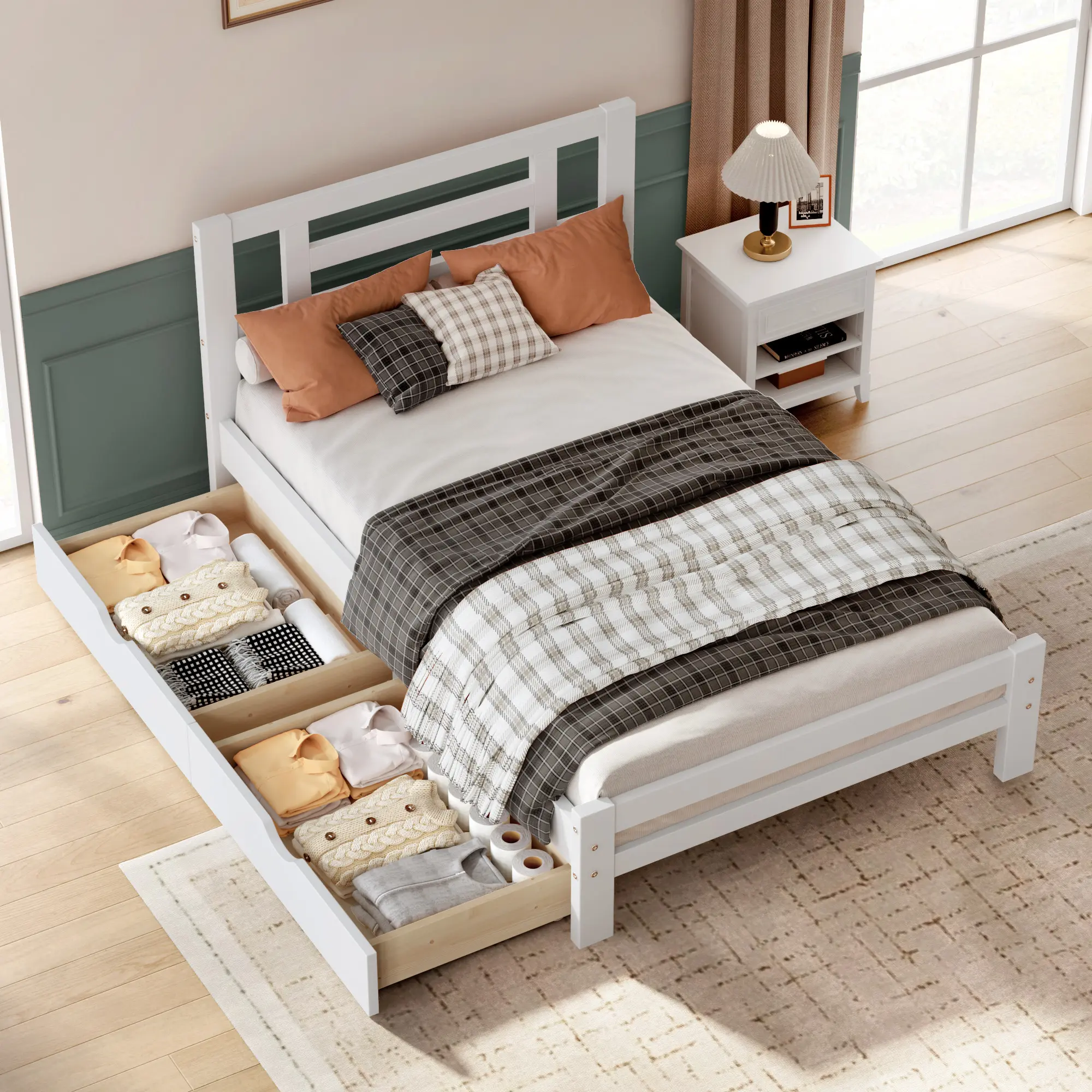 Vintage Solid Wood Twin Platform Bed with Modern Wooden Headboard, for Teens, No Springs Needed, Wooden Platform Bed