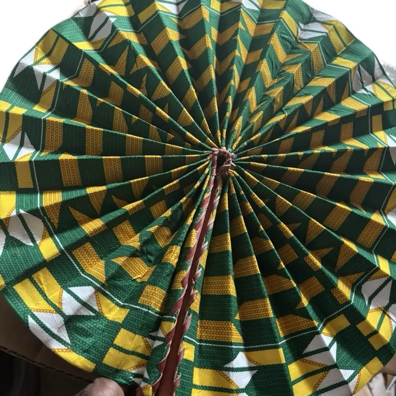 Handmade Fan - Decorative Green and Yellow Design, Ribbon Edge, Elegant Style
