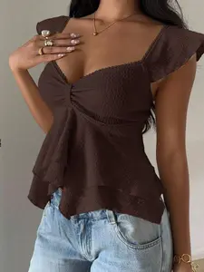 Women's Textured Knit Ruffle Hem Sweetheart Neck Puff Sleeve Elegant T-Shirt, Rave Top Ruffle Top Brown Top Women,Blusas Femininas Elegante Chocolate Brown Top