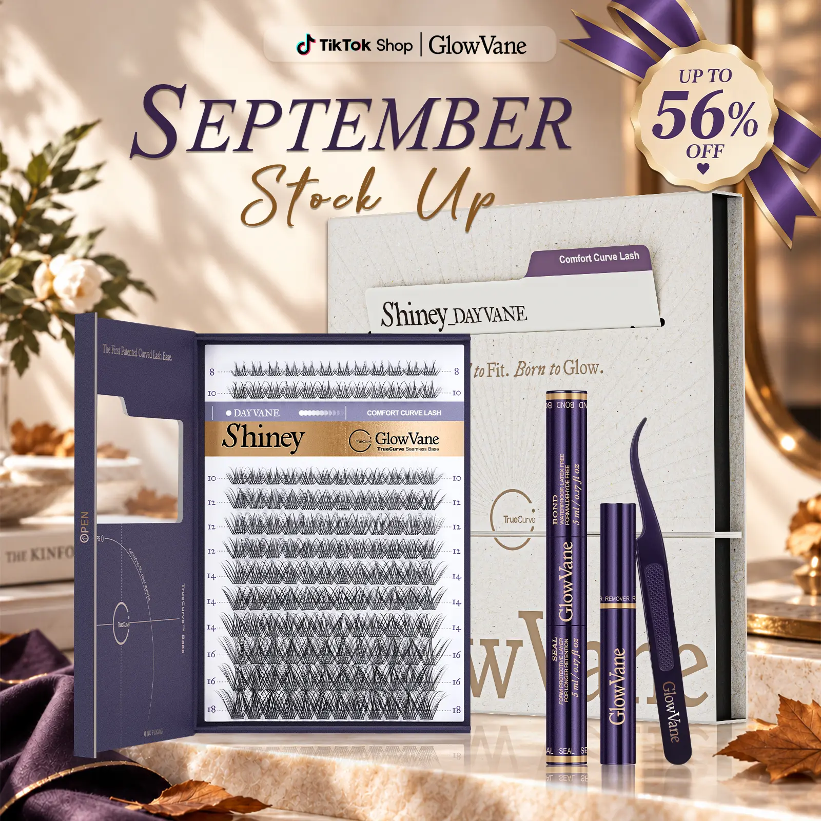 GlowVane TrueCurve Lash Clusters Kit (Beauty Products) - 0.03mm Invisible Curved Band, 8-18mm DD Curl, Soft Lightweight Rich Girl Cluster Lashes, Latex-Free Glue, Blister Box, DIY Extensions for Beginners, Seamless Eye Fit, No Strain