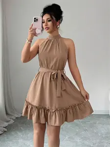 Summer New Stand Collar Solid Color Adjustable Tie Waist Casual Style Vacation Sleeveless Ruffle Halter Dress, Mini Dress for Women Casual Wear Womenswear