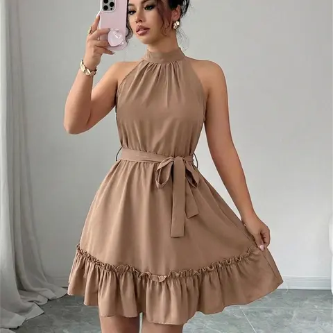 Summer New Casual Vacation Solid Color Halter Adjustable Tie Waist Sleeveless Ruffle Dress, Mini for Women, Womenswear, Sleeveless Casual Sundress