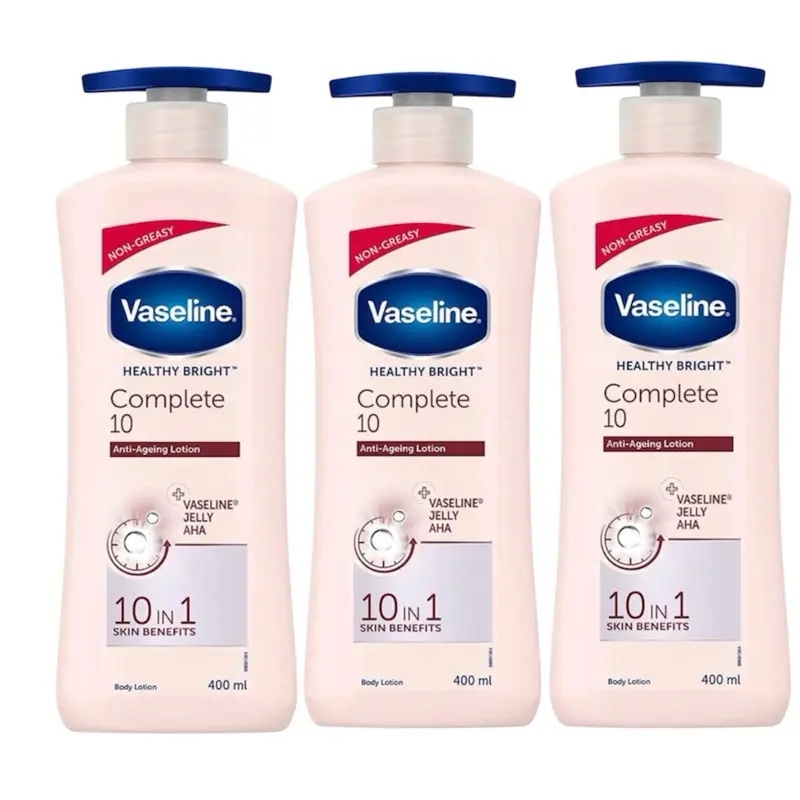 Vaseline Healthy Bright Complete 10 Anti-Age Body Lotion (3-Pack Multi-Pack) - 400ml Bath & Body Care Moisturizer with 10-in-1 Skin Benefits for Daily Hydration, Skin Repair & Selfcare