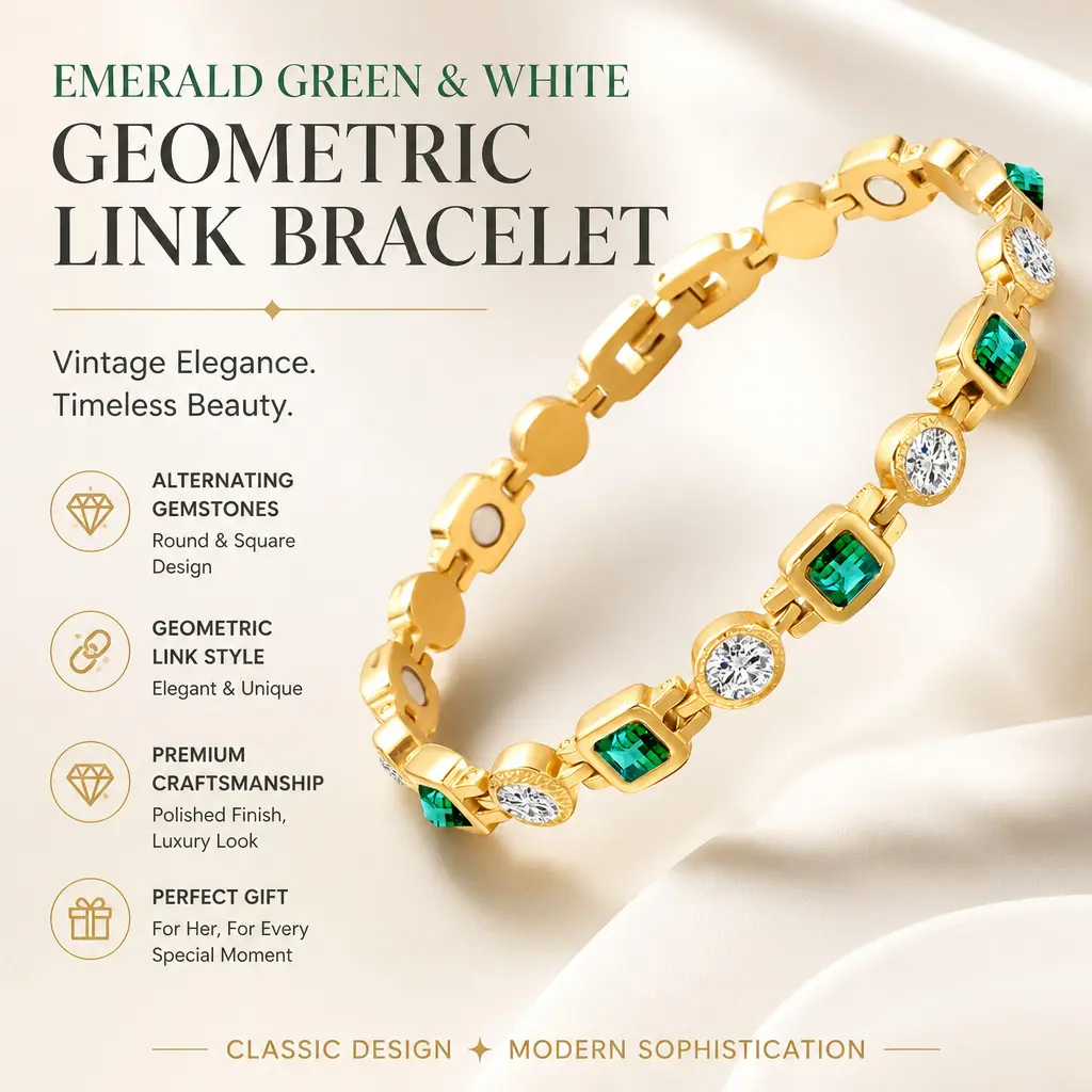 Geometric-Link Costume Jewelry Bracelet with Alternating Gems, Round Square Mix Design, Fashionable Versatile Exquisite Accessory