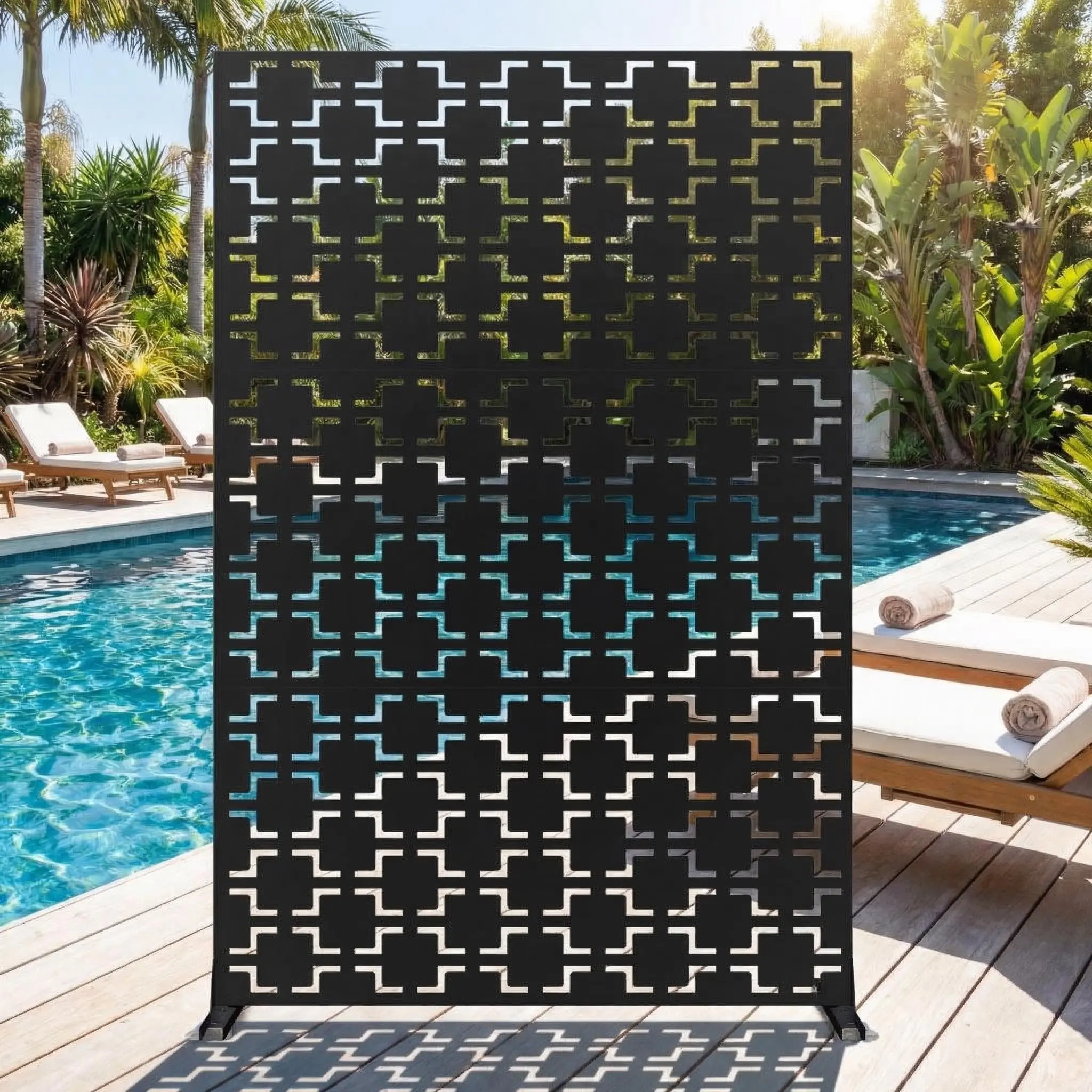 Garvee 72"h x 47"w Modern Metal Privacy Panel, Laser Cut Corrosion Resistant Outdoor Fence, Freestanding Weatherproof Garden Divider with Stable Plate, Quick DIY Install for Backyard Patio (Fits Outdoor Landscape Needs), No, Tropical Leaf