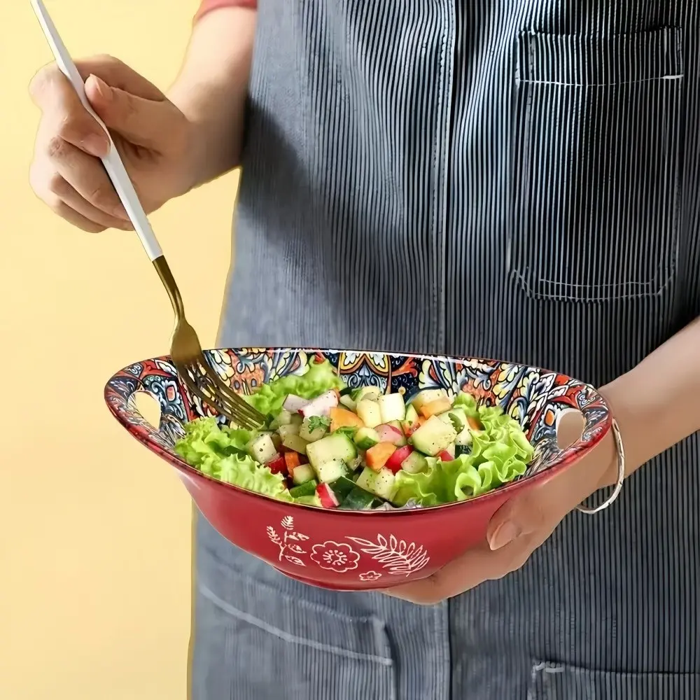 Bohemian Style Ceramic Salad Serving Bowls with Handles, Kitchenware Ceramics, Microwave Safe & Dishwasher Friendly, Stackable Oval Bowls for Fruits & More, Salad Bowl Set