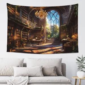 Boho Cottagecore Library Tapestry - Handmade Vintage-Inspired Boho Chic Artwork Print Gallery Wall Hanging, Aesthetic Light Decor for Book Lovers' Bedrooms, Handmade Vintage-Inspired Tapestries, Boho Chic Tapestries