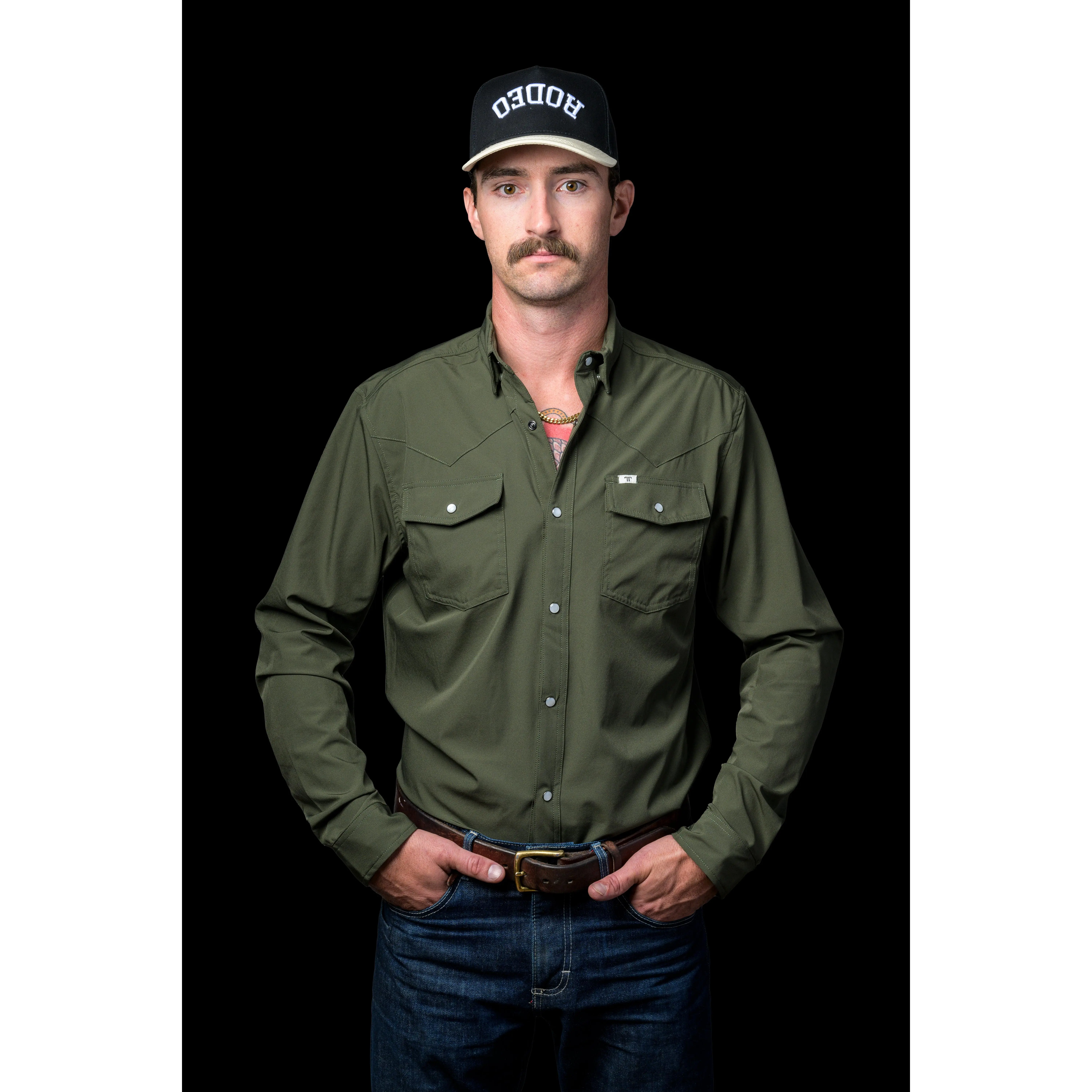 Men's Long Sleeve Western Performance Shirt in Olive Green | Pearl Snap with Wrinkle-Resistant Stretch Fabric & UPF 50+, Menswear