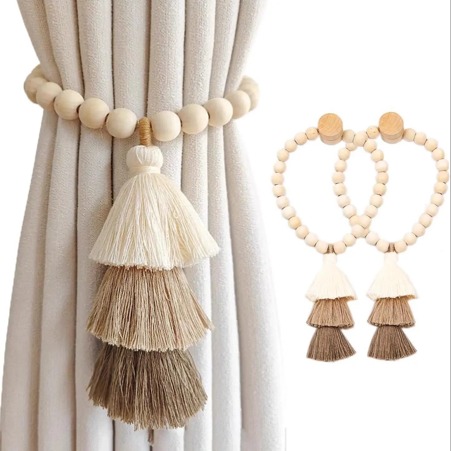 Boho Style Tassel Curtain Tieback, 2 Counts Wooden Bead Curtain Tieback with Magnetic Holder, Curtain Accessories for Home Living Room Bedroom Decor Window Decorations Supplies, Curtain Tie Backs For Curtains