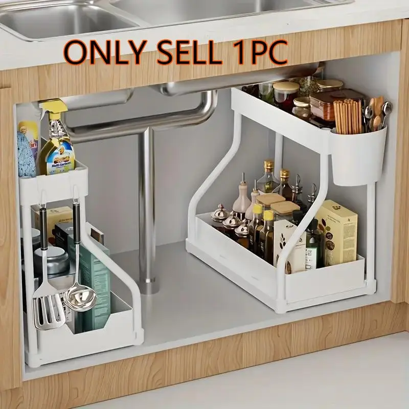 2 Layer Pull-Out Storage Rack, Large Adjustable Compartmentalized Divider Drawer Organizer, Kitchen & Bathroom Storage Shelf, Dual-Layer Adjustable Dish Drainer Rack, Dish Drying Organiser, Adjustable Racks, Space Saving Storage