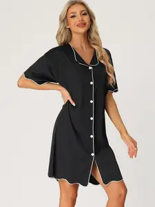 INSPIRE CHIC Nightshirt Satin Short Sleeve Sleepshirt Button Down Pajama Nightgown