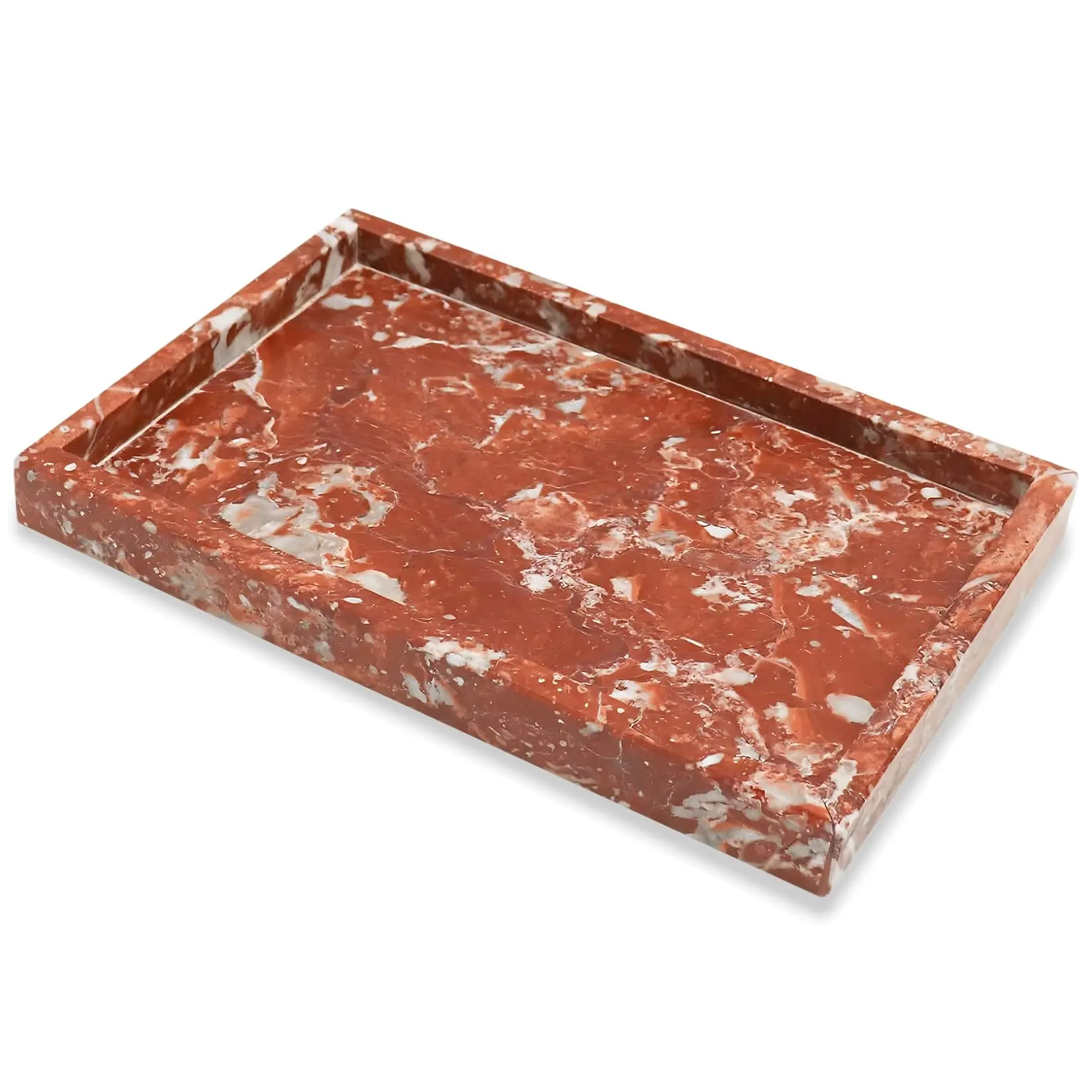 Natural Marble Stone Tray for Bathroom, 11.8x7.9 in Red Rectangular Vanity Serving Tray with Non Slip Mats, Easy Cleaning for Kitchen Bath Dresser