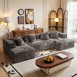 QIMENG U-Shape Modular Sectional Sofa Bed, 3-Package Shipping, Compressed Corduroy & Soft Velvet Fabric, Space-Efficient Deep-Seat Modern Sleeper Floor Sofa for Living Room, Convertible Indoor Sofas, Sofas Living Room