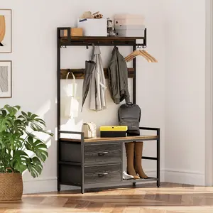 5-in-1 Rustic Entryway Hall Tree Organiser with Movable Shoe Bench, 3-Tier Shoe Storage Shelf, 2 Fabric Drawers, 23-Hook Coat Rack, Hanger Rod, Wall-Mounted Anti-Tipping Design, 250LB Capacity Metal Frame for Hallway, Bedroom Decor