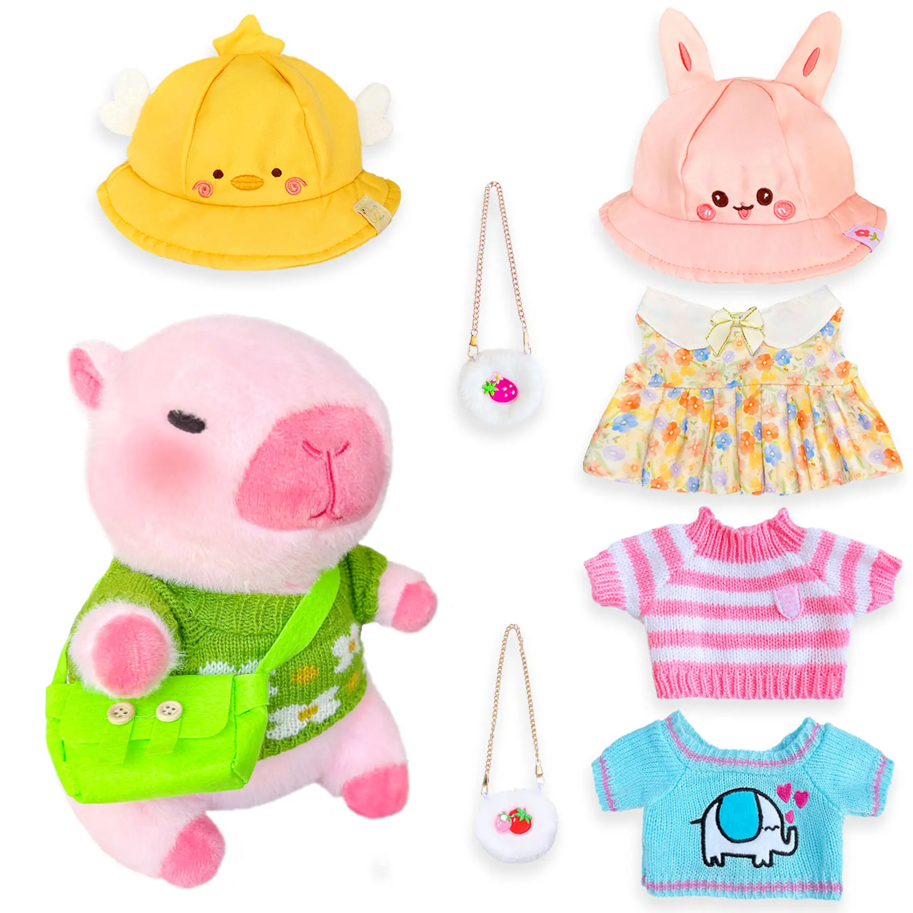 Dress Up Capybara Stuffed Animal unique gifts , 10.2 decorative collectible accessory Inch Capybara Plushie with 2 Hats 4 Sweaters 3 Bags Soft Huggable