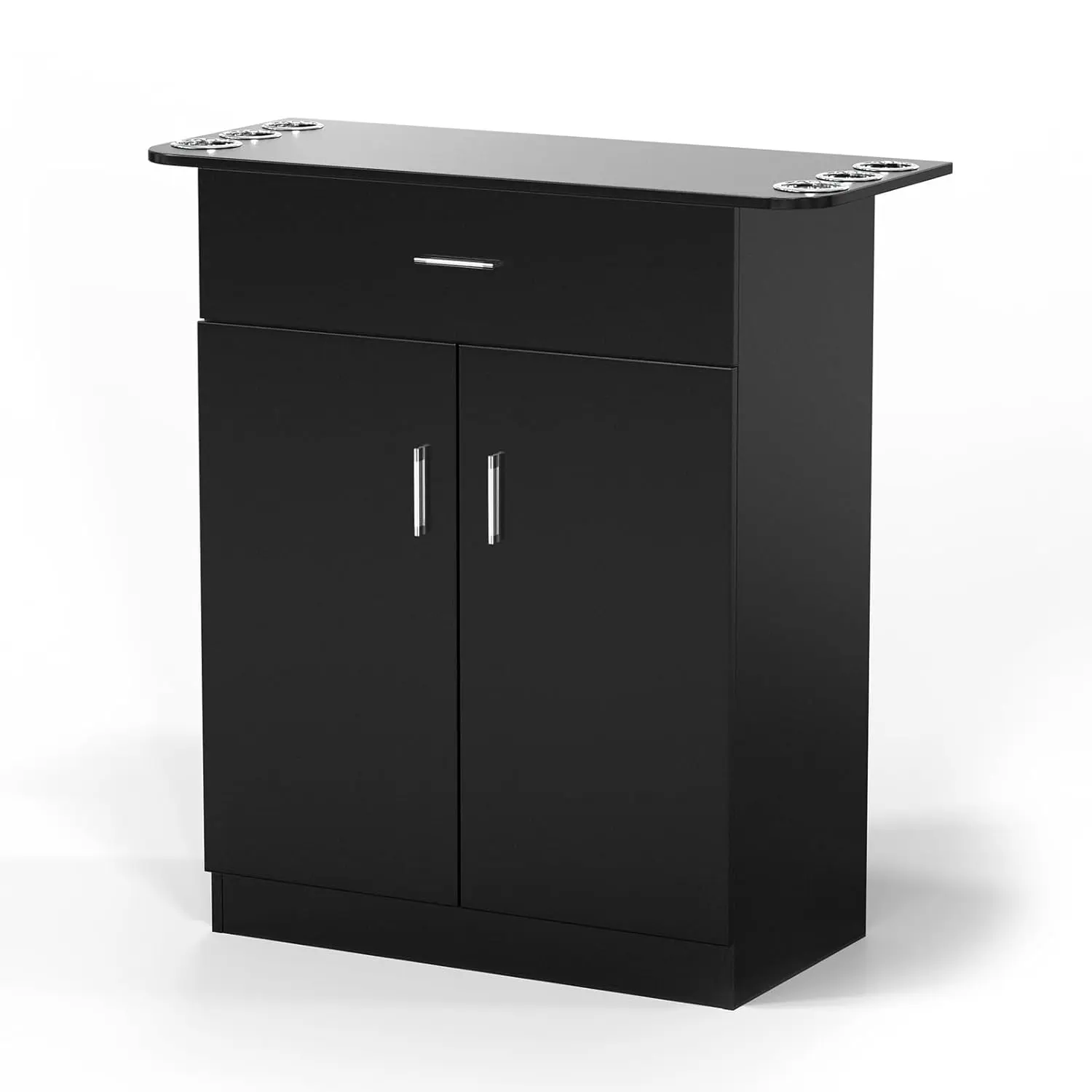 OmySalon Sturdy Waterproof Wood Painted Free-Standing Salon Storage Station - Commercial Barber Shop Hair Styling Furniture with 1 Drawer, Double-Door Cabinet, 6 Hair Dryer Holders, Adjustable Shelves, Leg Support, Space-Saving (Assembly Required)